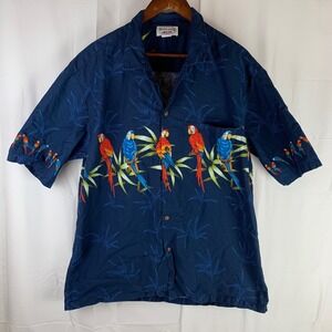 Pacific Legend Hawaiian Shirt Men 2XL Navy Blue Parrot Bamboo Cotton Made in USA